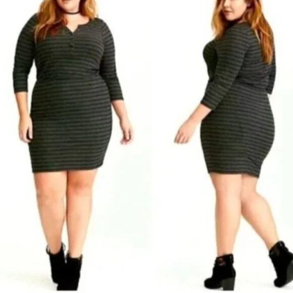 TORRID Gray Black Striped Henley Ribbed Three Quarter Sleeve Dress Size 0 or L - Picture 1 of 8
